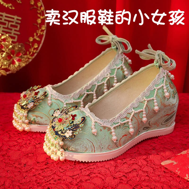 新款重工秀禾婚鞋中式婚礼汉服婚鞋绿色绣花婚鞋新娘结婚鞋敬酒鞋
