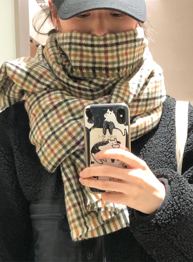 格纹仿羊绒围巾保暖披肩流苏复古