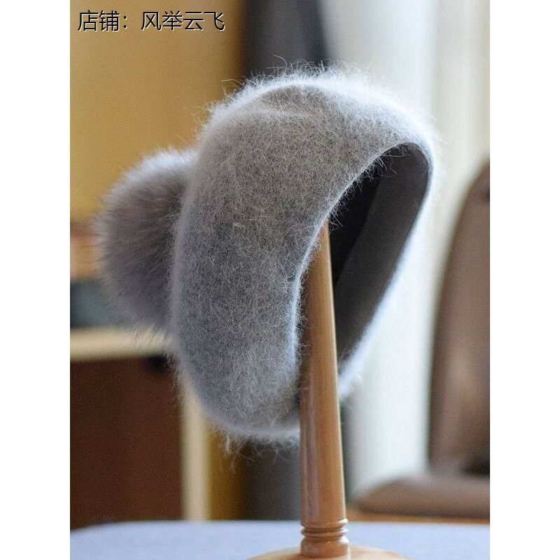 狐狸真毛球兔毛绒贝雷帽