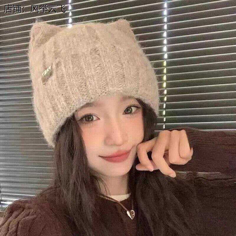 猫耳朵帽子白色针织帽毛