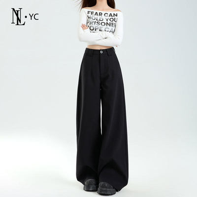 黑色高腰西装阔腿裤女202