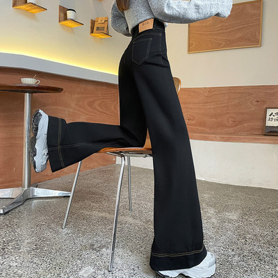 黑色加绒阔腿牛仔裤女秋