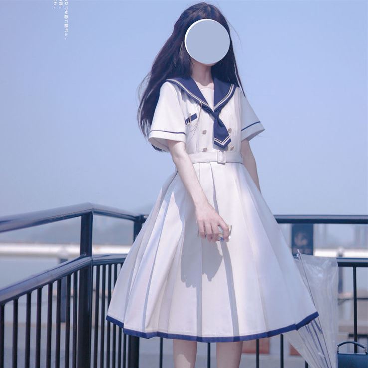 2024夏季新款日系JK水手服海军领连衣裙学生收腰中长款百褶a字裙