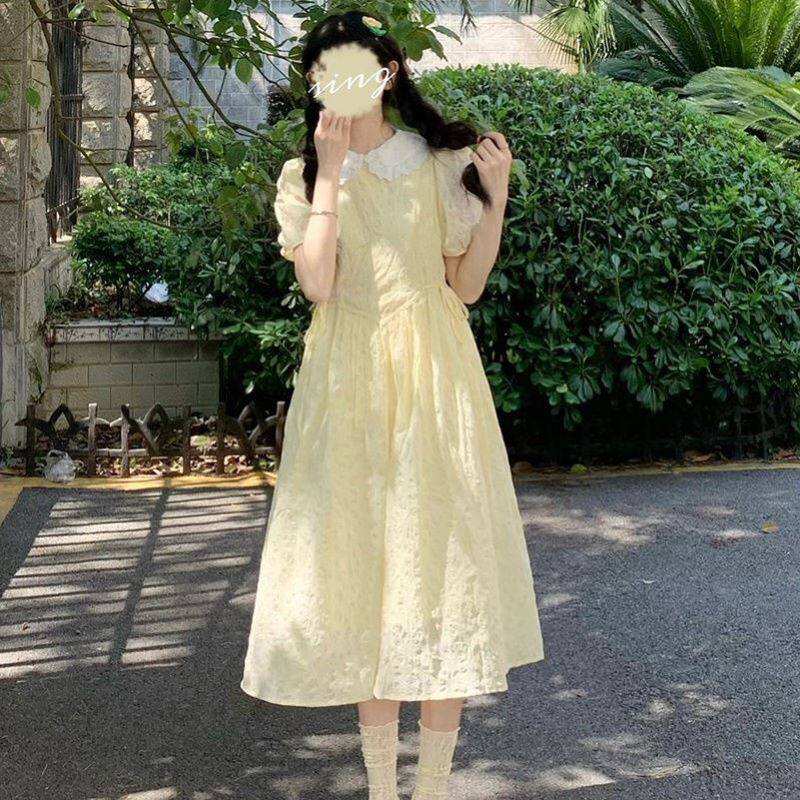 日系甜美奶黄色泡泡袖娃娃领短袖连衣裙