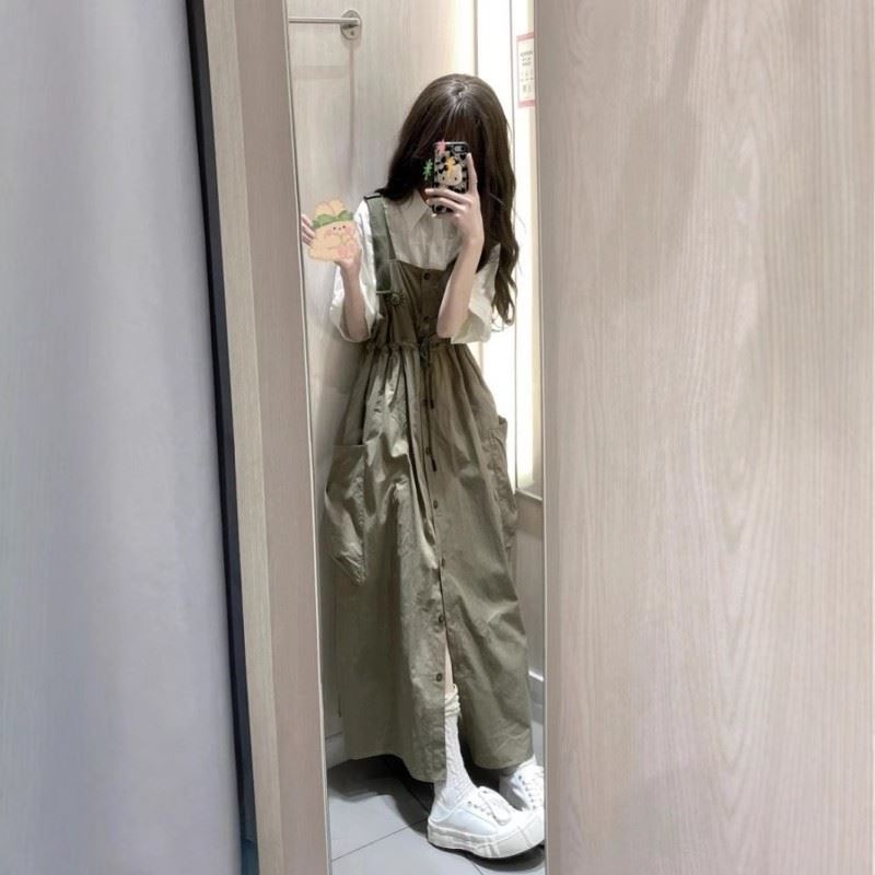 韩系复古设计感工装背带连衣裙女时尚套装
