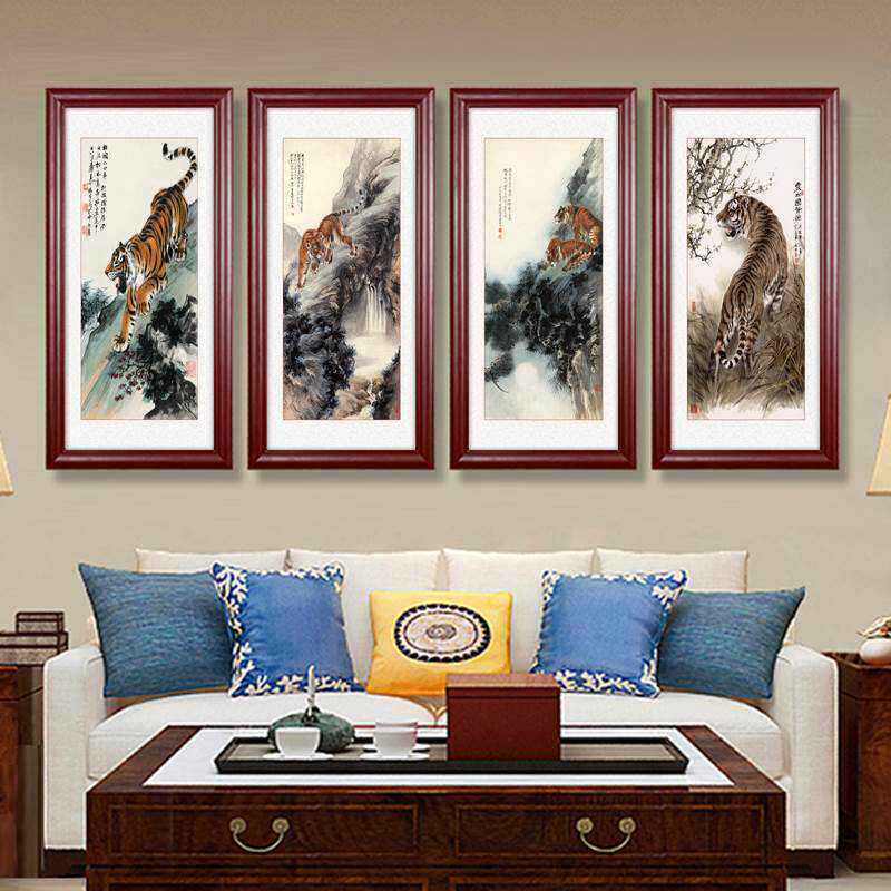 张善子老虎下山图玄关挂画客厅竖版风水国画中式走廊过道装饰画d