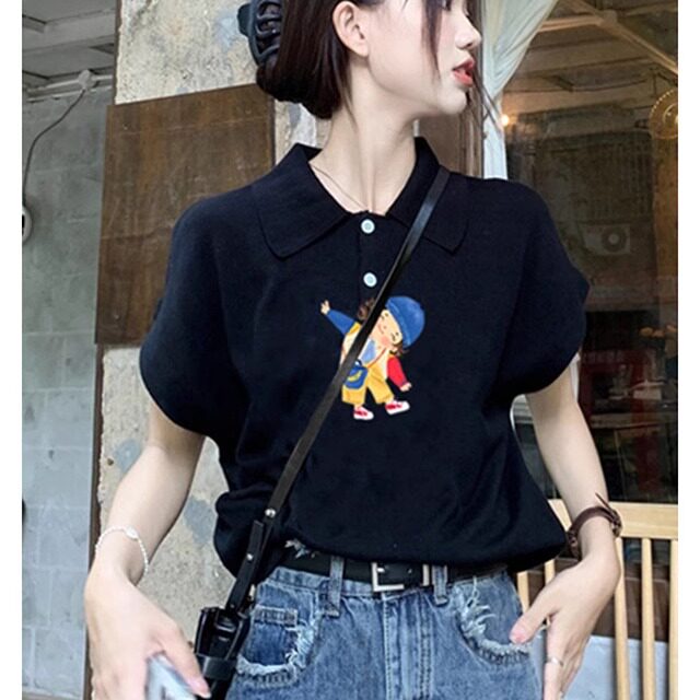 2024新款爆款设计感气质宽松显瘦上衣黑色polo衫正肩短袖t恤女夏