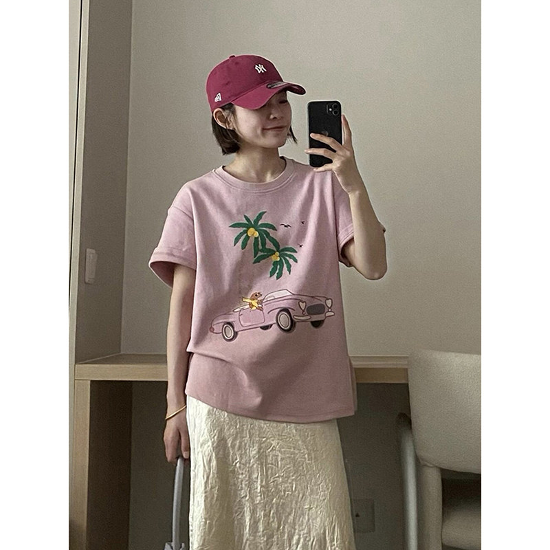 韩版粉色时尚印花短袖T恤女2025夏季新款宽松显瘦慵懒风正肩上衣
