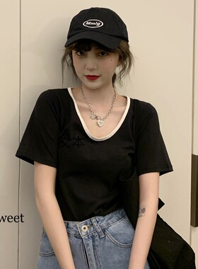 黑色短袖t恤女2021年夏装新款韩版简约撞色大领口修身显瘦v领上衣