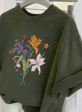 夏季新款短袖绿色t恤女字母太阳印花宽松中长款ins上衣甜飒风打底