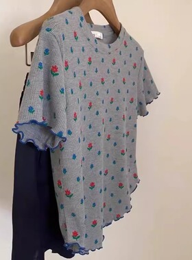 洋气独特别致针织花边正肩短袖t恤女2024新款田园风碎花灰色上衣