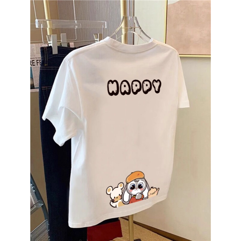 白色纯棉正肩短袖t恤女2025夏新款流行圆领宽松卡通印花内搭上衣