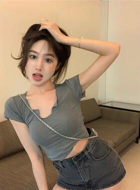 灰色短袖T恤女ins潮纯欲风修身韩版露锁骨显瘦辣妹针织打底女上衣