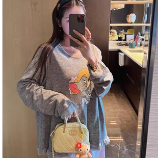 韩国东大门夏季新款灰米老鼠/U型领打底衫水印拼接蕾丝T恤女