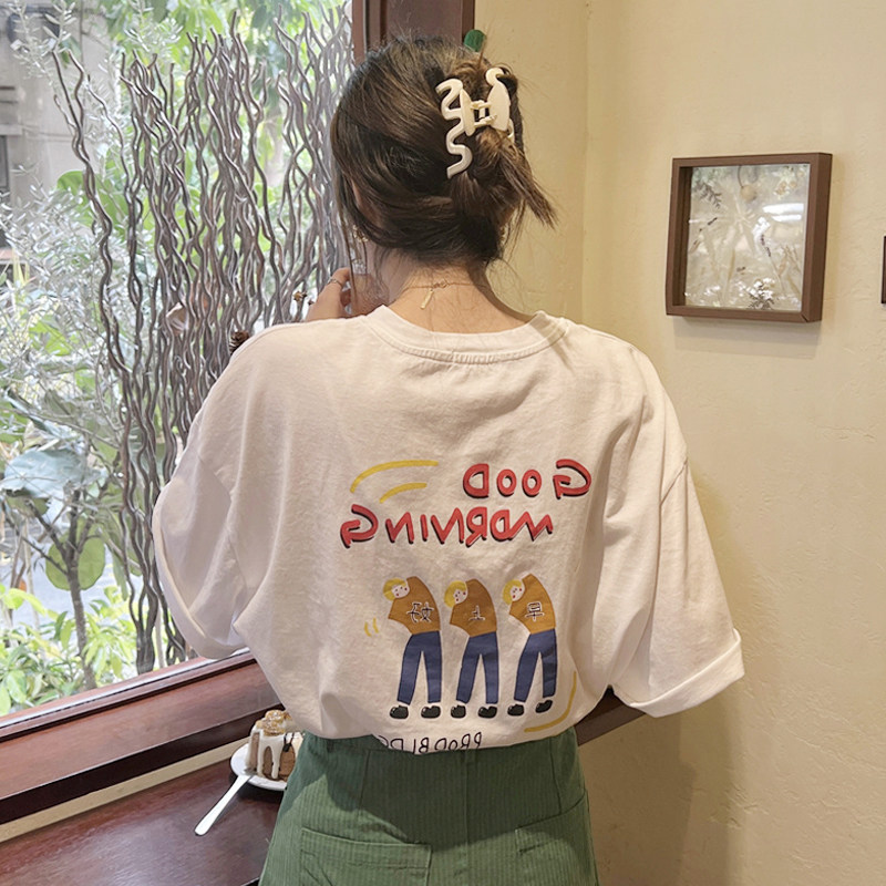 港味短袖正肩T恤女夏季设计感小众法式宽松白色字母洋气上衣ins潮