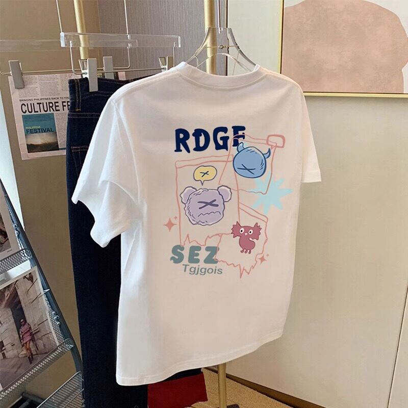 2025夏季新款卡通印花白色纯棉短袖t恤女宽松百搭小个子减龄上衣