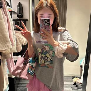 T恤上衣女ins 荧光唐老鸭印花宽松套头灰色短袖 韩国东大门夏季 新款