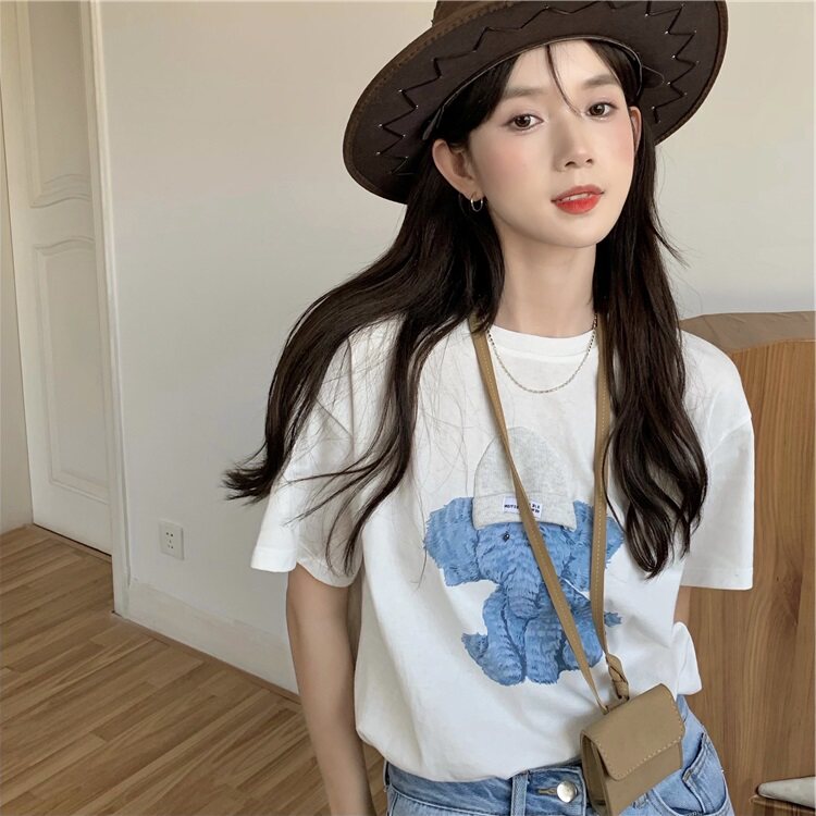 白色t恤女夏季薄款小象短袖很仙的高级感别致上衣设计感小众ins潮