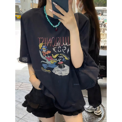 大码韩国女装夏季新款胖mm百搭舒适印花宽松减龄高飞T恤短袖上衣