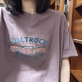 复古紫色卡通汽车字母短袖 设计感宽松休闲上衣 正肩t恤女2026新款