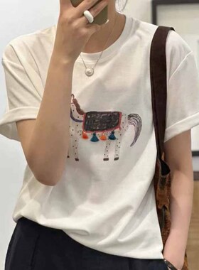 欧货洋气小众别致设计感上衣白色印花圆领短袖t恤女2024新款夏季