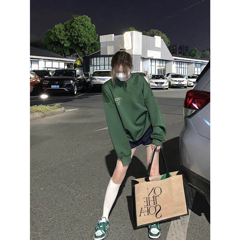 港风复古绿色卫衣oversize大码女装ins潮秋冬慵懒风加绒宽松上衣