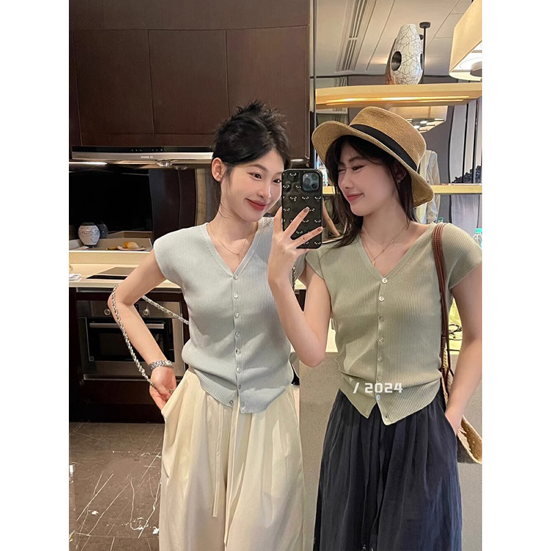 法式高级感小飞袖v领针织开衫女夏季蓝色修身冰丝薄款短袖T恤上衣