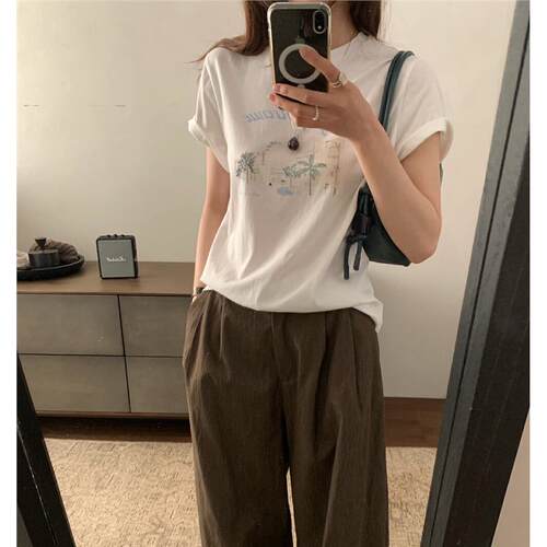 FEEL BLESSED夏日度假印花短袖T恤女2025夏新款韩版休闲百搭上衣