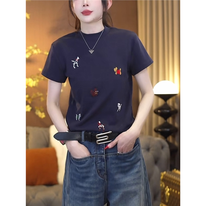 重工球球狗刺绣圆领短袖T恤女2025春季新款时尚休闲百搭显瘦上衣