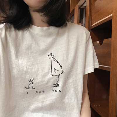 样样韩国东大门 人物简笔画简约柔软舒适短袖棉T恤53252