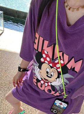 韩国东大门夏季新款紫色米奇字母印花水洗宽松中长款圆领短袖T恤