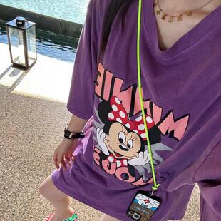 圆领短袖 紫色米奇字母印花水洗宽松中长款 T恤 新款 韩国东大门夏季
