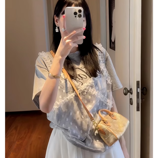 大码韩国女装夏季新款胖mm小清新蕾丝吊带字母印花短袖假两件T恤