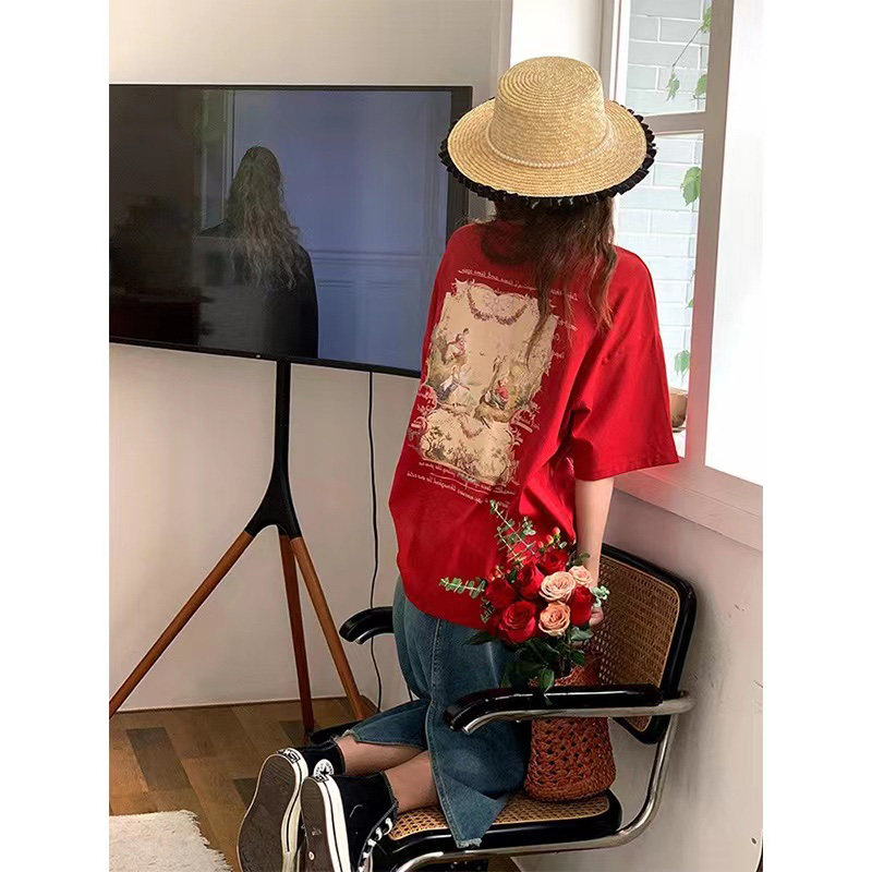 vintage欧美式复古小众设计感纯棉短袖T恤女夏季宽松纯棉上衣chic