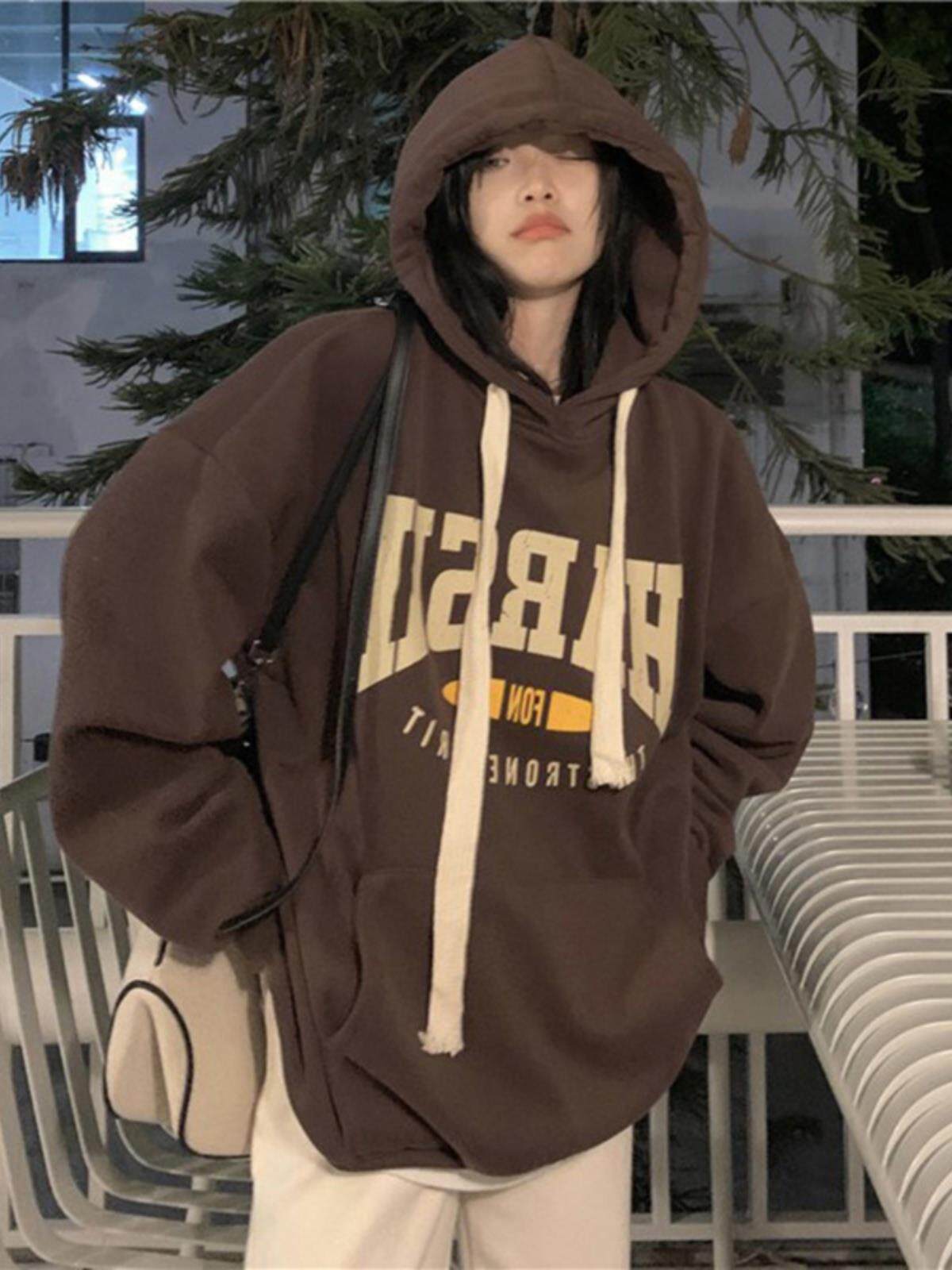 美式复古咖色连帽卫衣女春秋款2023新款中长款oversize宽松上衣潮