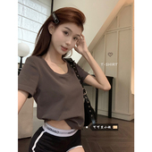 韩版 chic百搭圆领短袖 2024新款 显瘦短款 上衣 修身 纯色U领T恤女夏季