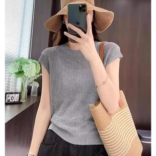 夏天薄款镂空冰丝短袖针织衫女夏季2024新款后背绑带坎肩针织上衣