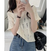 女夏季 针织衫 破洞薄款 洋气短款 小上衣 法式 罩衫 镂空小心机冰丝短袖