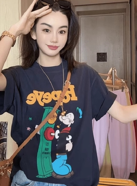潮牌卡通印花藏蓝色短袖T恤女2025夏季新款宽松百搭显瘦休闲上衣