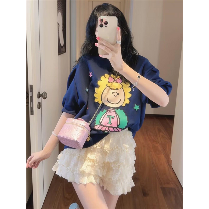 大码韩国女装夏季新款胖mm可爱洋气百搭卡通金发女孩印花T恤上衣