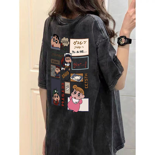 oversize上衣潮 甜酷宽松大版 设计感水洗复古灰色短袖 纯棉T恤夏季