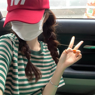 绿色条纹短袖t恤女多巴胺欧货oversize撞色宽松洋气纯棉休闲上衣