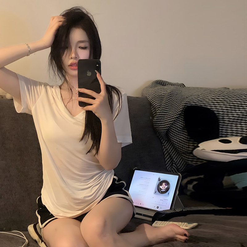 白色冰丝短袖T恤女夏季纯棉薄款V领铜氨丝宽松正肩莫代尔面膜上衣