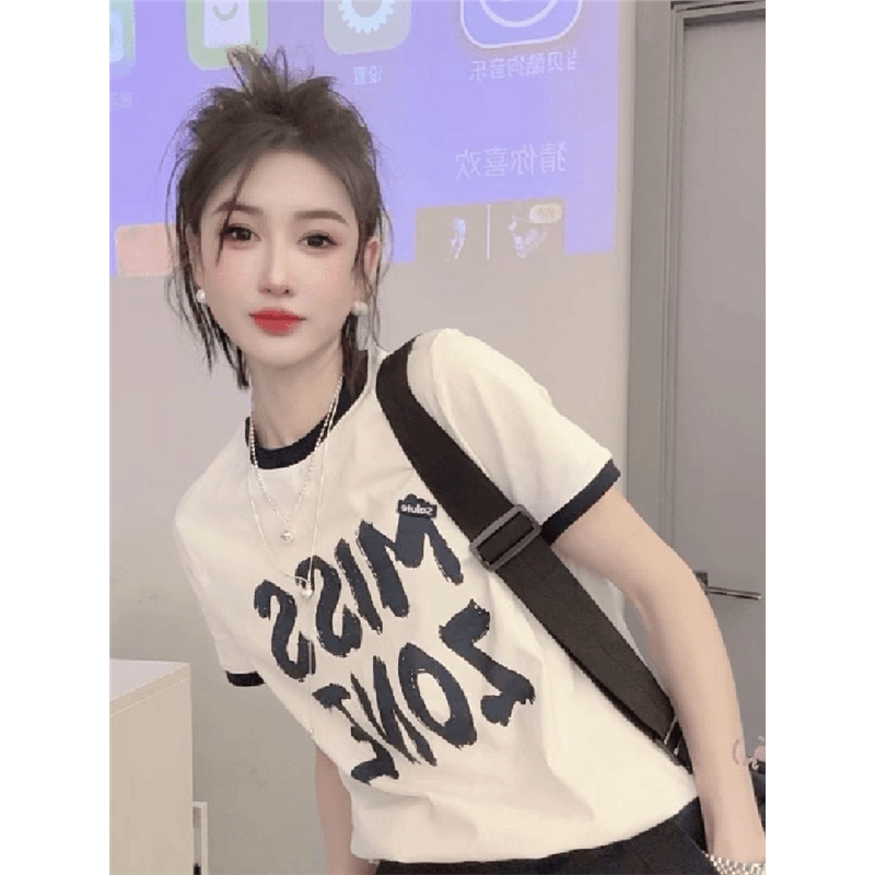 时尚字母印花休闲穿搭别致上衣白色正肩短袖t恤女夏季2025年新款