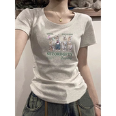 ins别致修身 t恤女夏季 减龄正肩上衣 甜辣可爱兔子印花短袖 美式