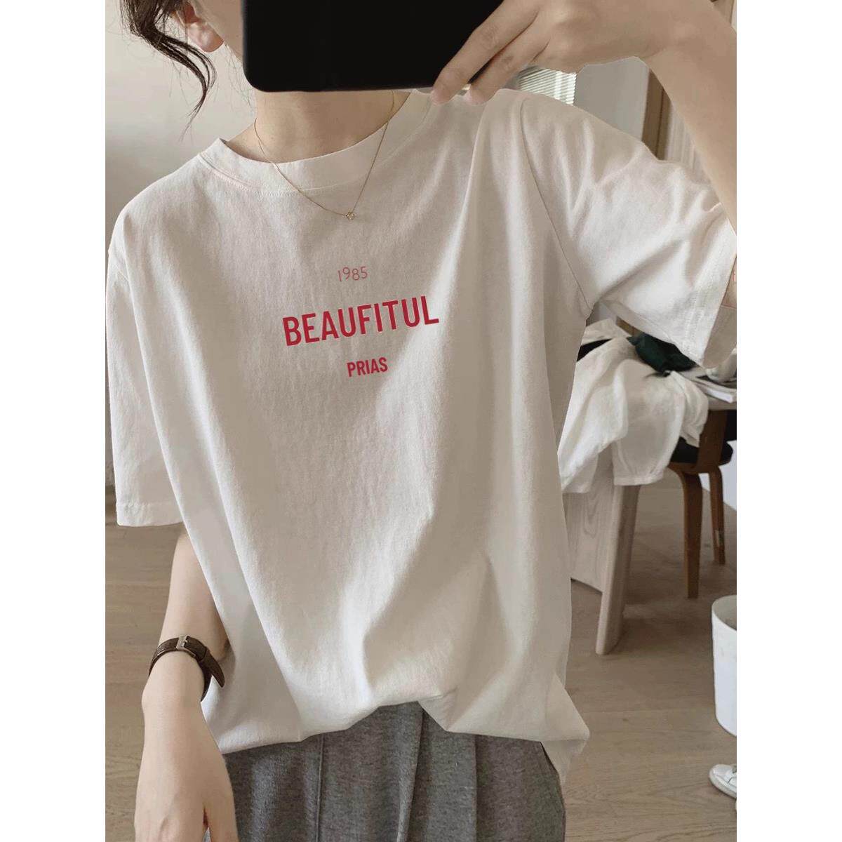 欧货白色纯棉圆领夏季短袖t恤女宽松显瘦美式2025新款慵懒风上衣