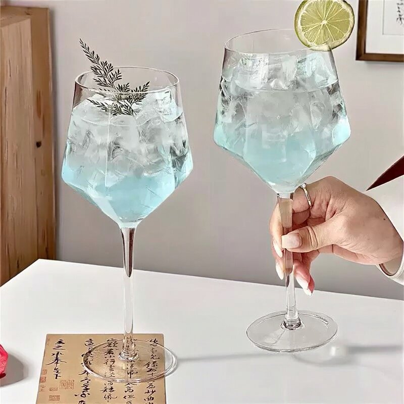 六菱角高脚红酒杯韩国ins风玻璃杯果汁杯高颜值鸡尾酒杯气泡水杯
