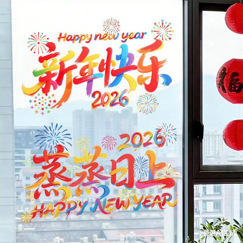 2026新年快乐贴纸静电玻璃贴画厨房客厅装饰窗贴春节氛围布置用品,家居饰品,文化墙贴,淘宝优惠券,粉丝福利购,淘宝优惠卷