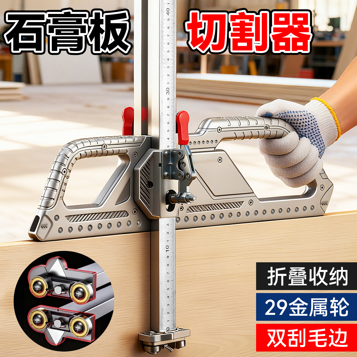 石膏板切割神器新款专用裁板器木工高精度铝合金可折叠滚轮式推刀