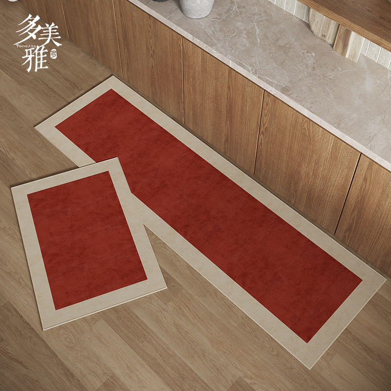 中式厨房地垫结婚家用喜庆仿麻垫防滑耐脏踩脚垫定制红色整铺垫子
